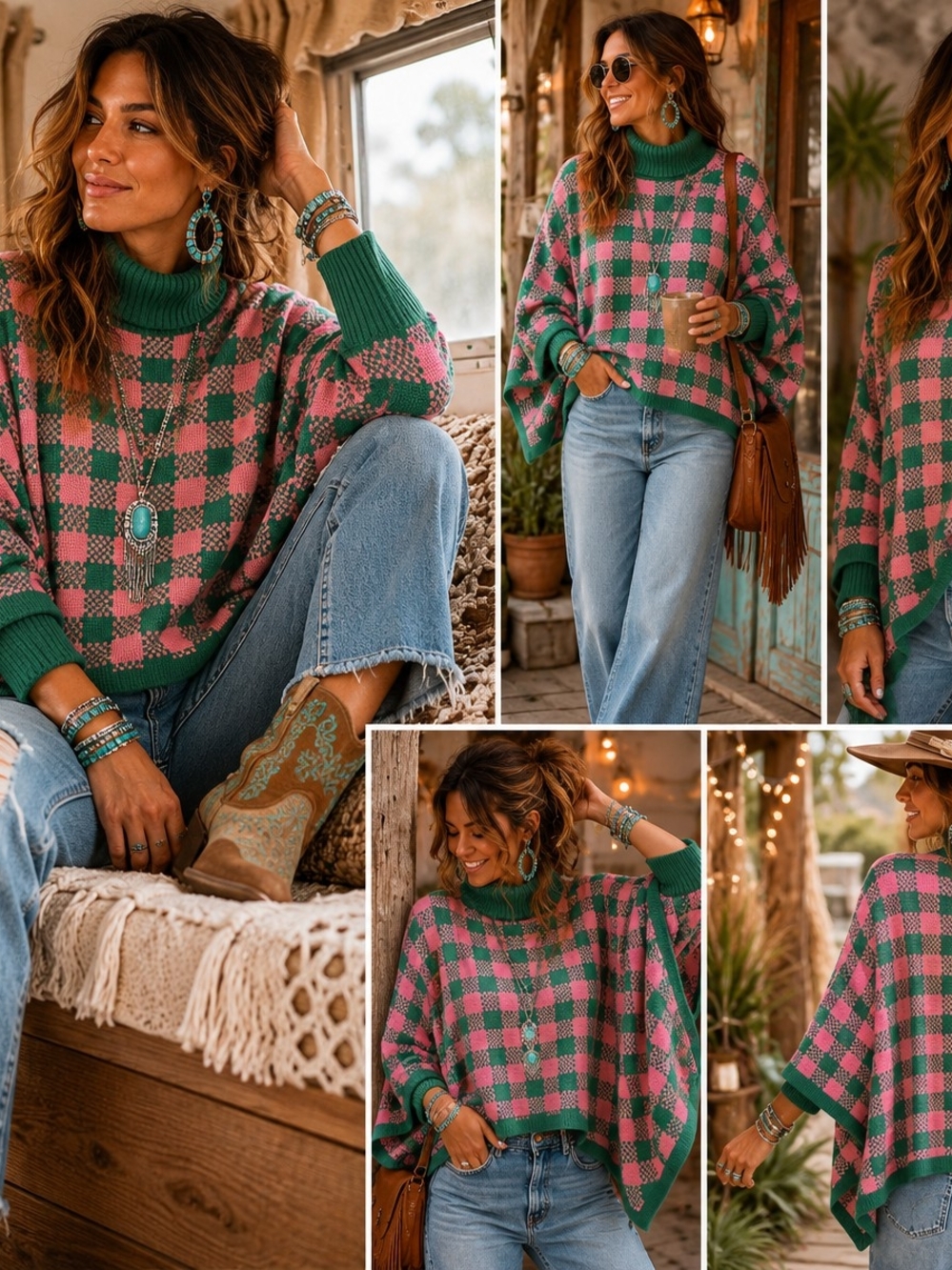 Boutique Checkerboard Cowl Poncho Sweater - Pink & Green